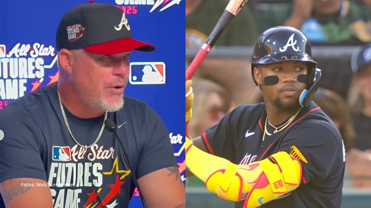 Chipper Jones en una entrevista y Ronald Acuña Jr. tomando un turno con Atlanta Braves