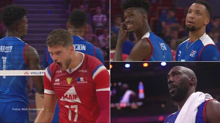 Jugador de Francia celebrando un punto y jugadores del equipo Cuba decepcionados