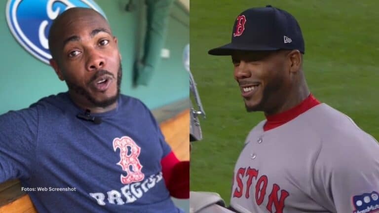 Aroldis Chapman en una entrevista y con el uniforme de Boston Red Sox