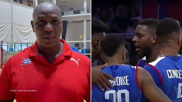 Técnico Jesús Cruz en una entrevista y jugadores del equipo Cuba de voleibol