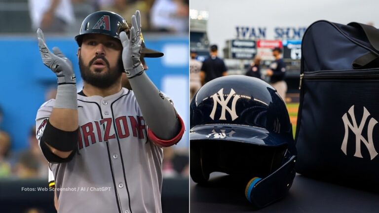 Eugenio Suarez con Arizona Diamondbacks y casco y bolso de New York Yankees
