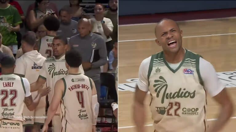 Jugadores de Indios de Mayagüez celebran el pase a las semifinales de la BSN en Puerto Rico