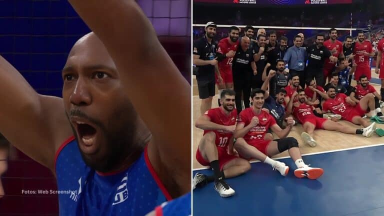 Equipo de Irán celebra la victoria, jugador del equipo Cuba celebra un punto