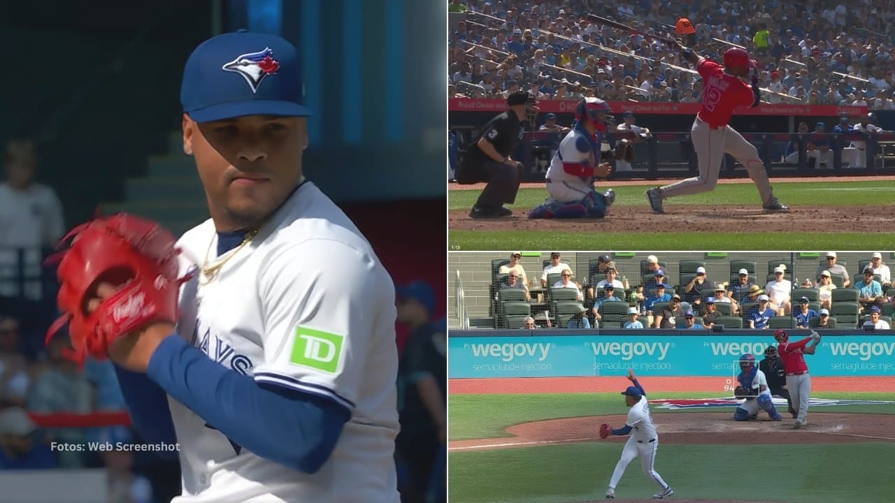 Lázaro Estrada con Toronto Blue Jays ponchando a Jorge Soler y a Mike Trout