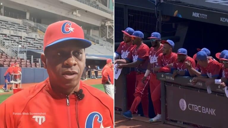 German Mesa en una entrevista y juagdores del Equipo Cuba en el dugout