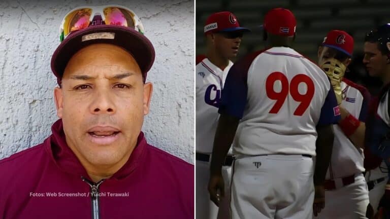 Michel Enríquez en una entrevista y jugadores del Equipo Cuba en la lomita