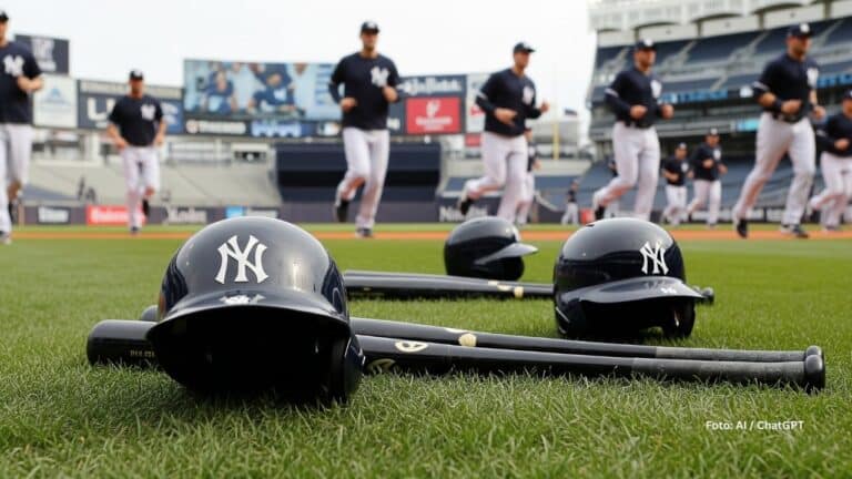Casco y bates de New York Yankees con jugadores trotando