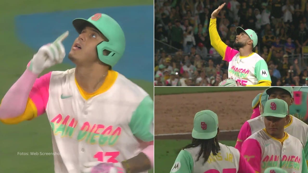 Manny Machado, Robert Suarez y jugadores de San Diego Padres celebrando la victoria