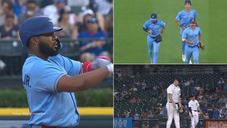 Vladimir Guerrero Jr. y jugadores de Toronto Blue Jays con jugadores de Detroit Tigers cabizbajo