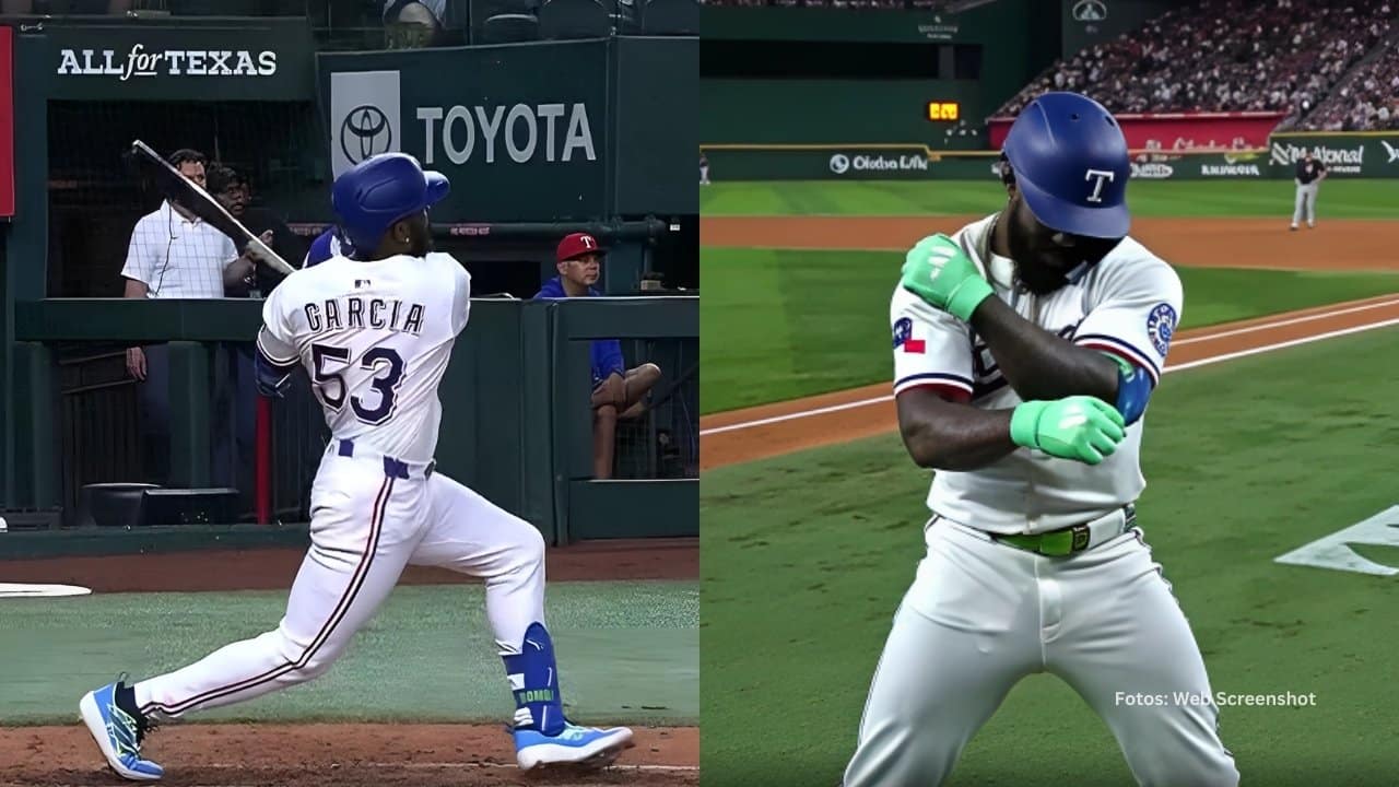 Adolis Garcia bateando y celebrando un jonrón con Texas Rangers