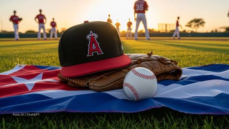 Gorra de los Angeles Angels con un guante y la bandera de Cuba. Sadiel Baró