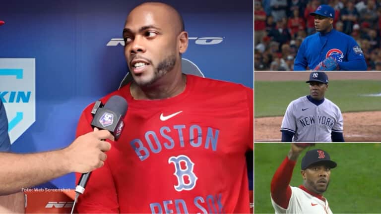 Aroldis Chapman en una entrevista y con el uniforme de Chicago Cubs, New York Yankees y Boston Red Sox