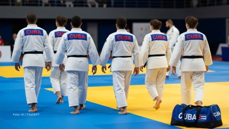 Judocas caminando en el tatami. Atleta cubano