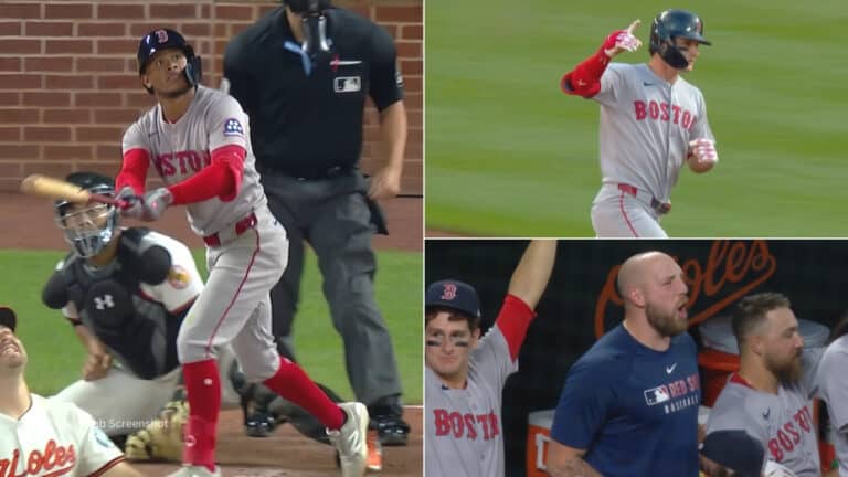 Cedanne Rafaela, Roman Anthony y jugadores de Boston Red Sox celebran