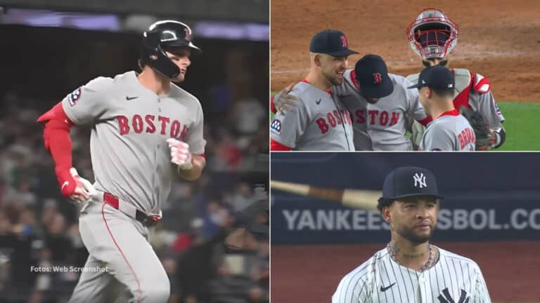 Roman Anthony recorriendo las bases jugadores de Boston Red Sox celebran la victoria ante Yankees
