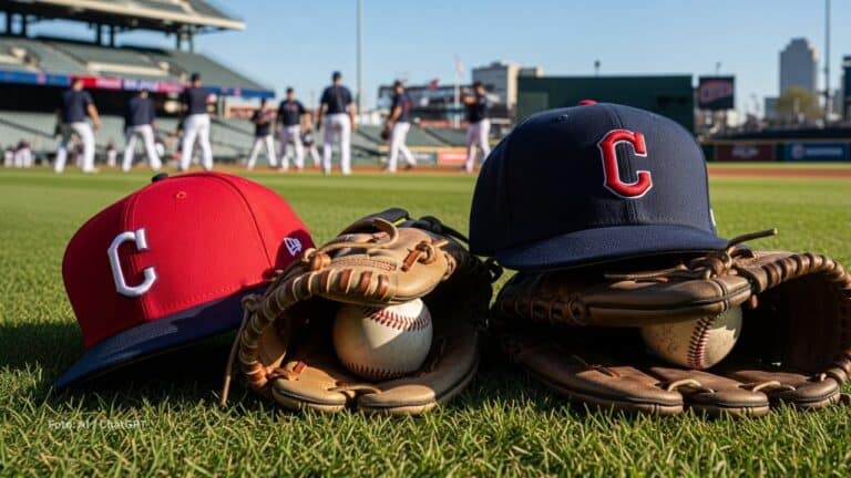 Gorras de Cleveland Guardians junto guantes y pelotas de beisbol