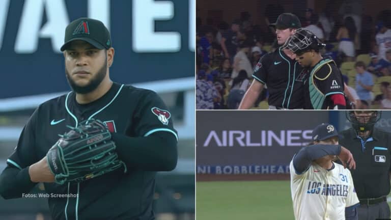 Eduardo Rodriguez y jugadores de Arizona celebran victoria ante Los Angeles Dodgers