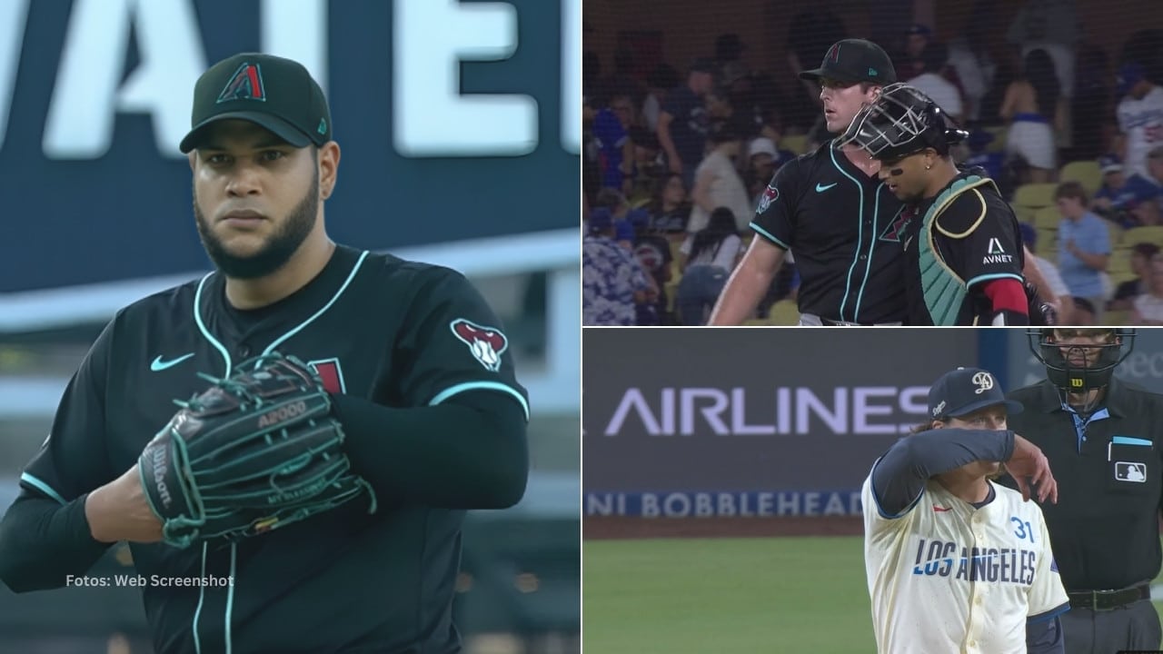 Eduardo Rodriguez y jugadores de Arizona celebran victoria ante Los Angeles Dodgers