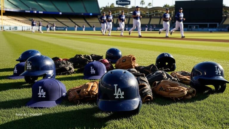 Cascos y gorras de Los Angeles Dodgers con jugadores a lo lejos