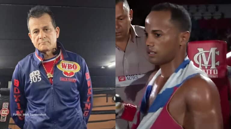 Entrenador Eufracio González en una entrevista y boxeador Billy Rodriguez