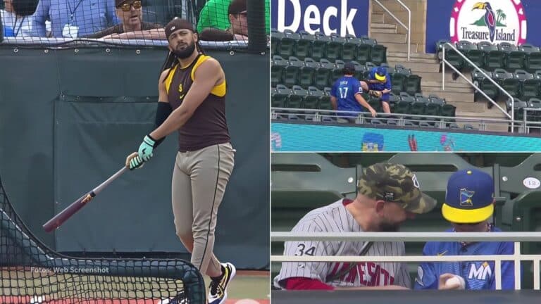 Fernando Tatis Jr. en una practica de bateo, niño fanático de Minnesota Twins