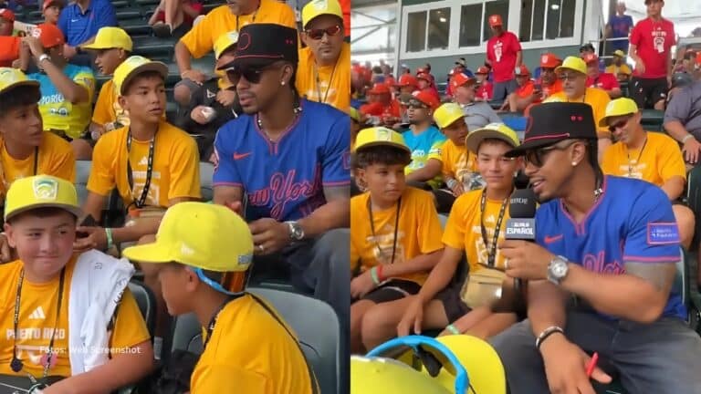 Francisco Lindor junto a los niños del equipo de Puerto Rico de Pequeñas Ligas