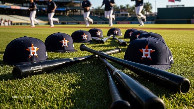 Gorras de Houston Astros con bates y jugadores trotando