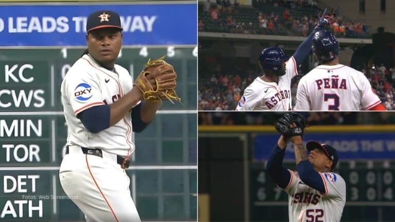 Framber Valdez lanzando, Yordan Alvarez y Jeremy Peña celebran con Houston Astros
