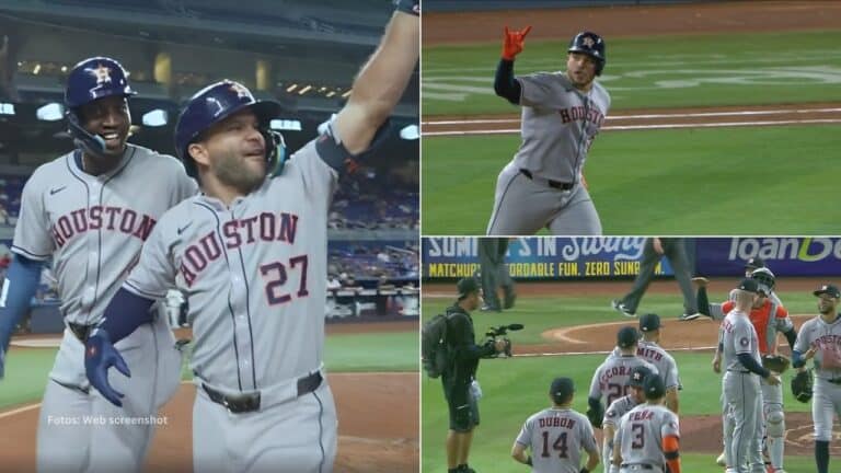 Jose Altuve ,Yanier Diaz y jugadores de Houston Astros celebran la victoria