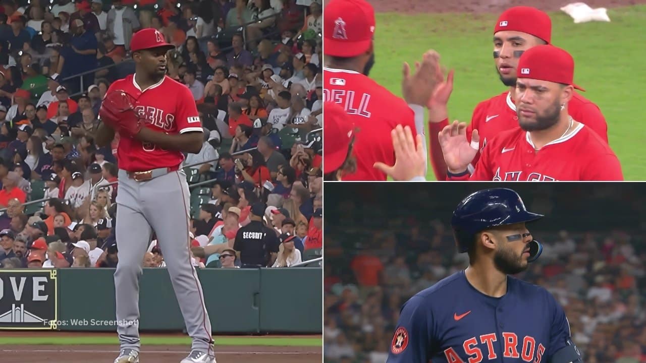 Jose Soriano lanzando y Yoan Moncada y Oswald Peraza con Los Angeles Angels y Carlos Correa con Houston Astros