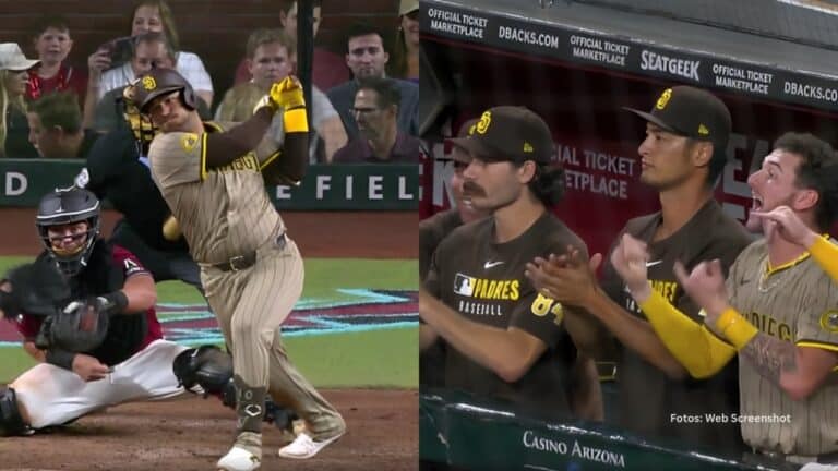 Jose Iglesias bateando y jugadores de San Diego Padres celebran