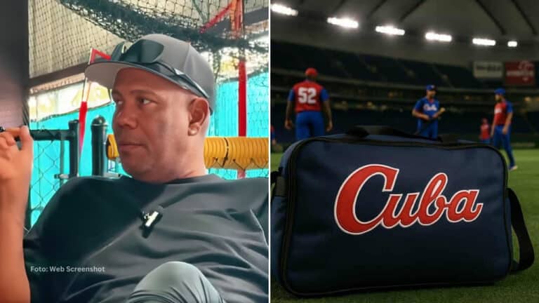 Livan Hernandez en una entrevista y bolso de equipo cuba con jugadores a lo lejos