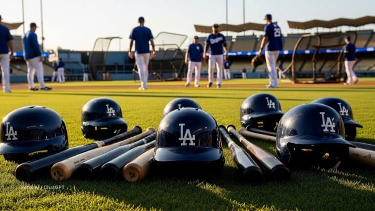 Bates y cascos de Los Angeles Dodgers con jugadores a lo lejos