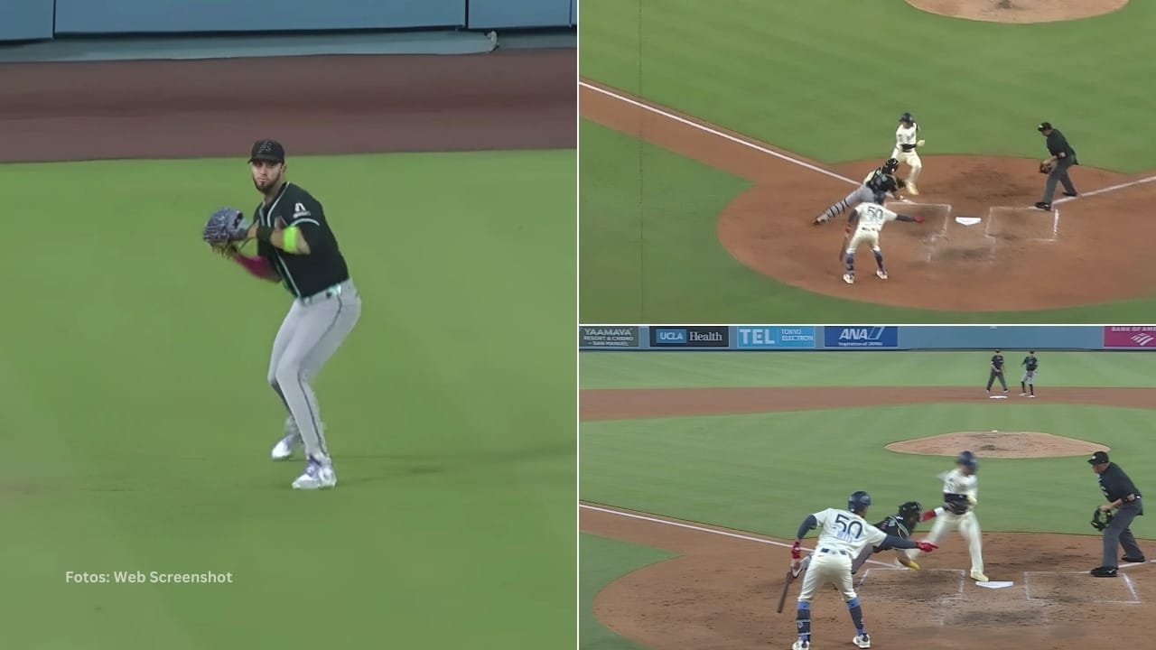 Lourdes Gurriel lanzando desde el jardin izquierdo y Gabriel Moreno haciendo el out en home ante Los Angeles Dodgers