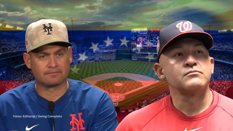 Carlos Mendoza y Miguel Cairo con el estadio de Washington Nationals de fondo. Managers venezolanos