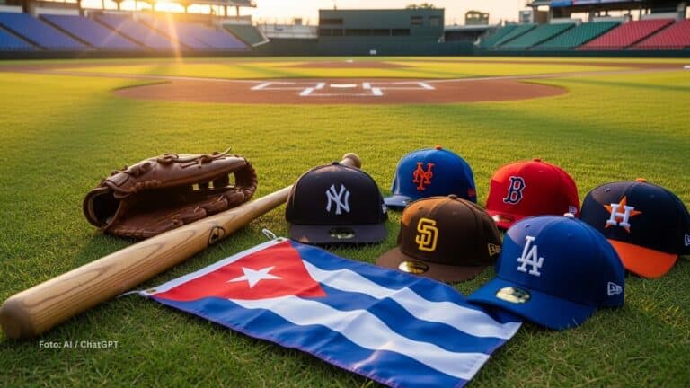 Bandera de cuba junto a gorras de equipos de MLB. Peloteros cubanos