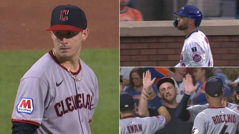 Logan Allen, Brandon Nimmo con New York Mets y jugadores de Cleveland Guardians celebrando