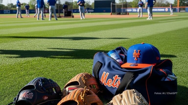 Bolso, guantes y gorra juntos en una practica de New York Mets con jugadores al fondo