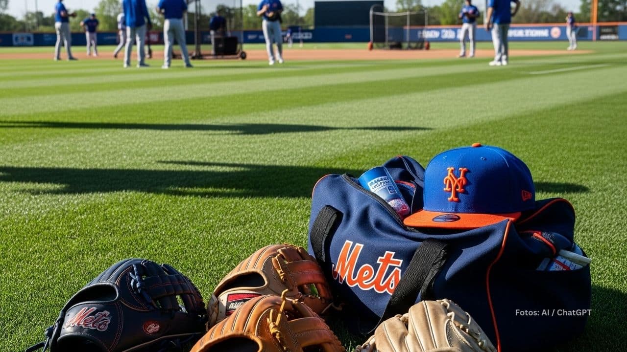 Bolso, guantes y gorra juntos en una practica de New York Mets con jugadores al fondo