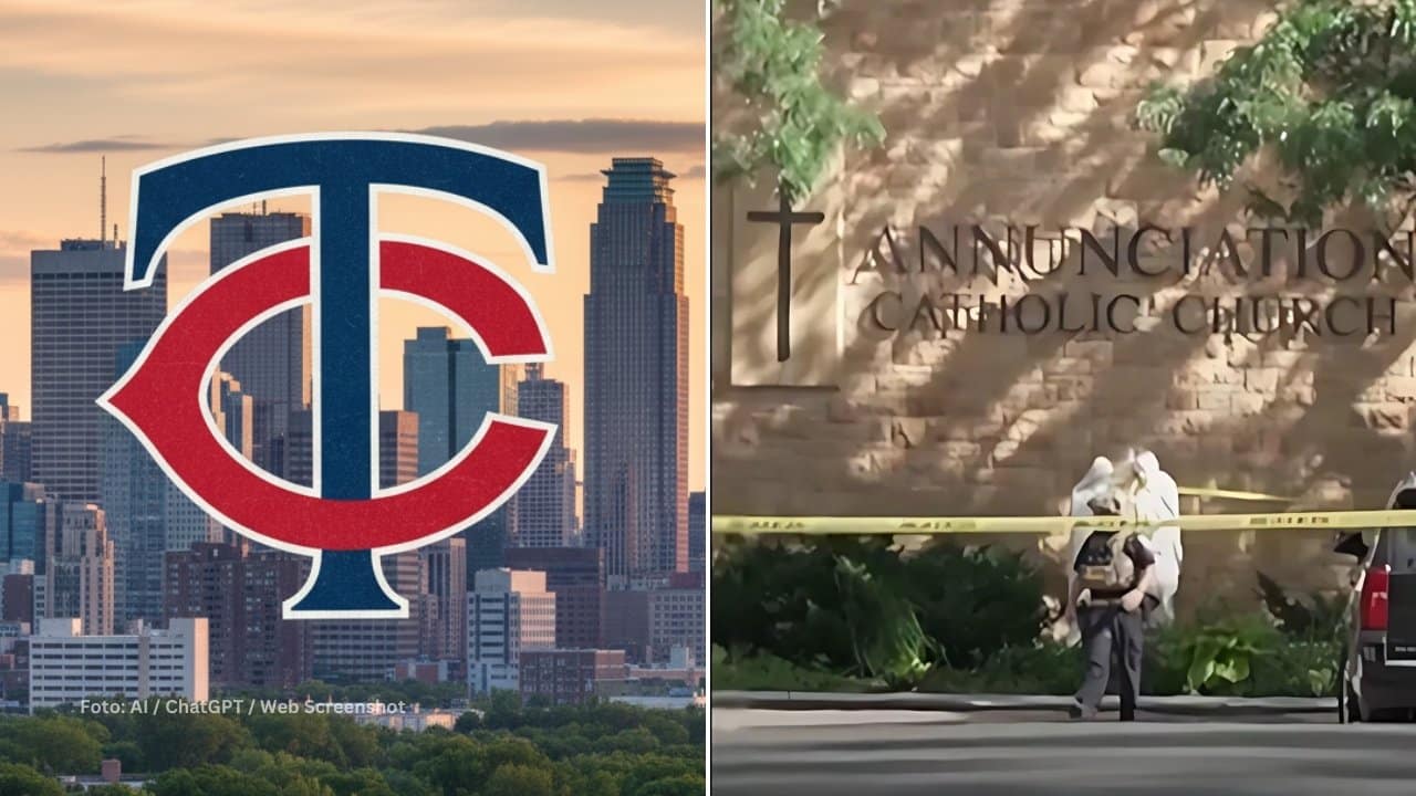 Ciudad de Minneapolis con el logo de Minnesota Twins y la Escuela Católica de la Anunciación