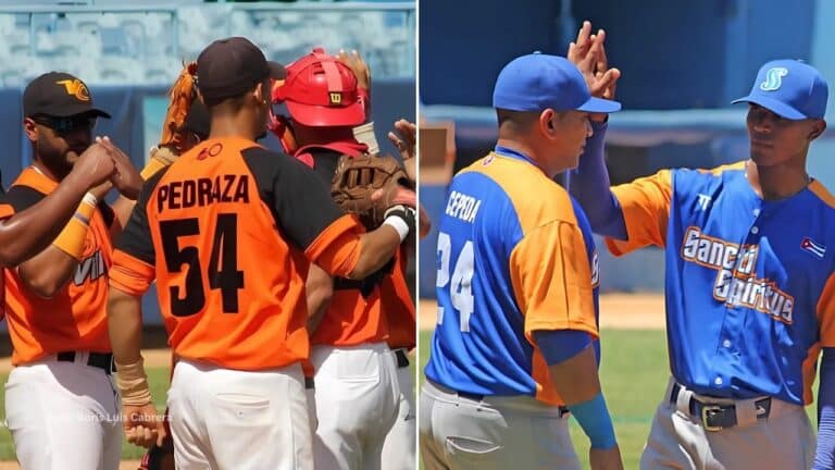 Jugadores de Sancti Spiritus y Villa Clara en el beisbol cubano