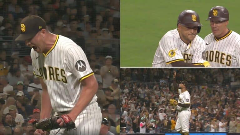 Nick Pivetta, Jose Iglesias y Robert Suarez con el conjunto de San Diego Padres