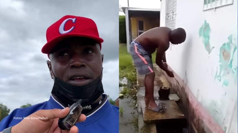 Dennys Laza en una entrevista y sacando agua de su casa