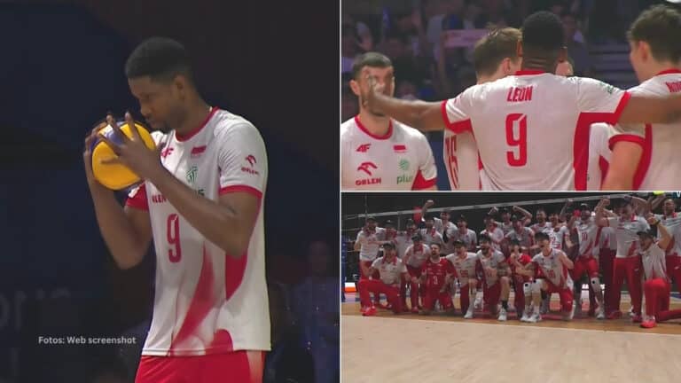 Wilfredo Leon preparándose para sacar y celebrando con sus compañeros del equipo de Polonia