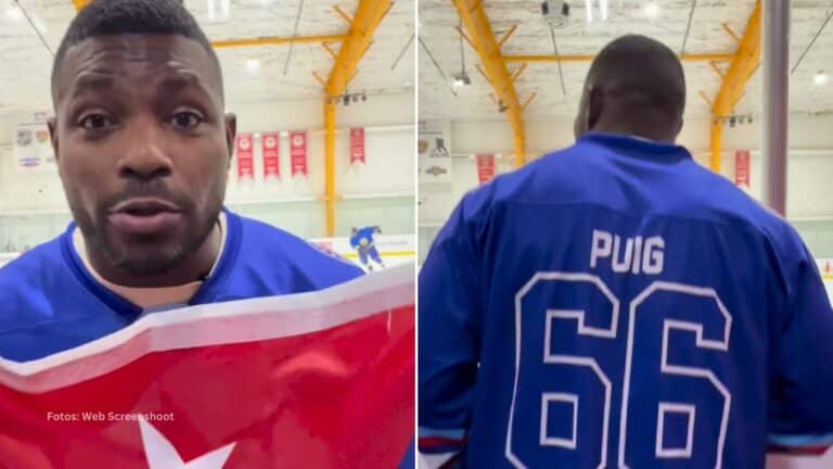 El cubano Yasiel Puig dio un discurso motivacional al equipo Cuba de hockey antes de su victoria.