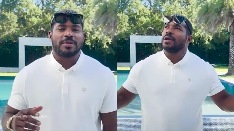 Yasiel Puig hablando en la piscina de su casa