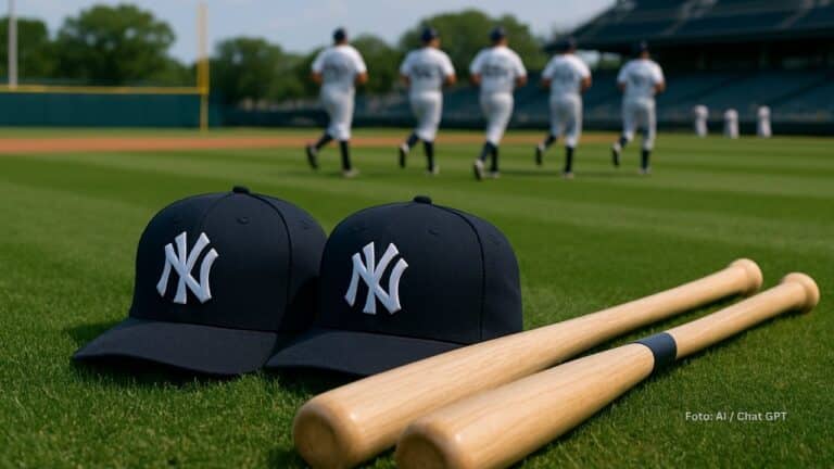 Bates y gorras de New York Yankees en un estadio de beisbol