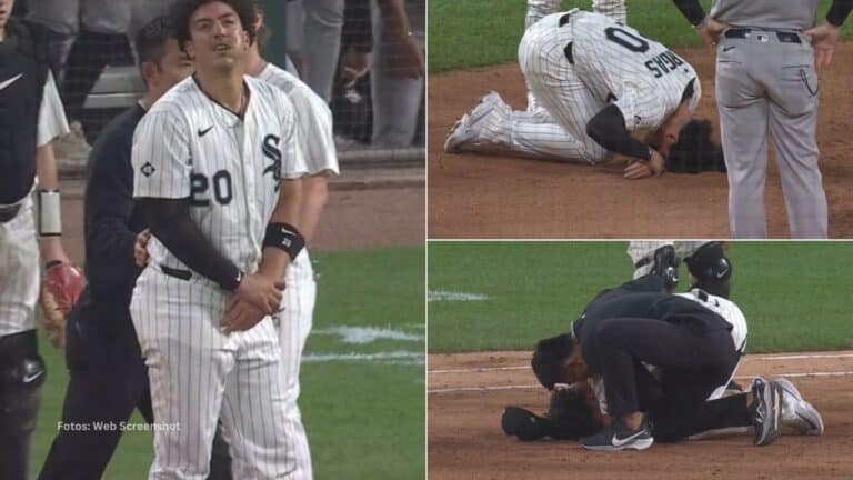 El pelotero cubano Miguel Vargas se retorció del dolor tras intentar consolidar una difícil jugada defensiva desde la inicial.