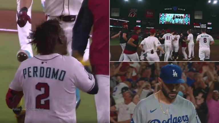 Geraldo Perdomo y jugadores de Arizona Diamondbacks celebrando, Tanner Scott con Los Angeles Dodgers