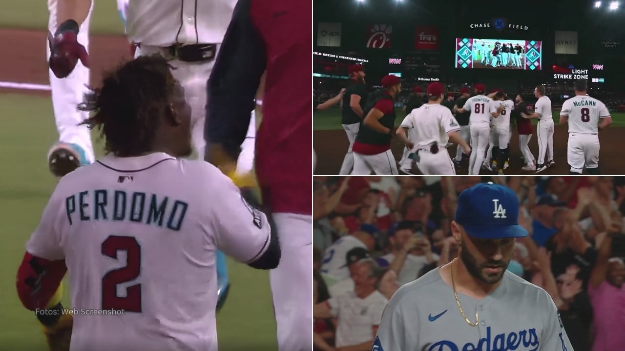 Geraldo Perdomo y jugadores de Arizona Diamondbacks celebrando, Tanner Scott con Los Angeles Dodgers